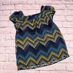 Ann Taylor Loft Semi Sheer Top Small Black Blues Polka Dot Chevron Short Sleeve